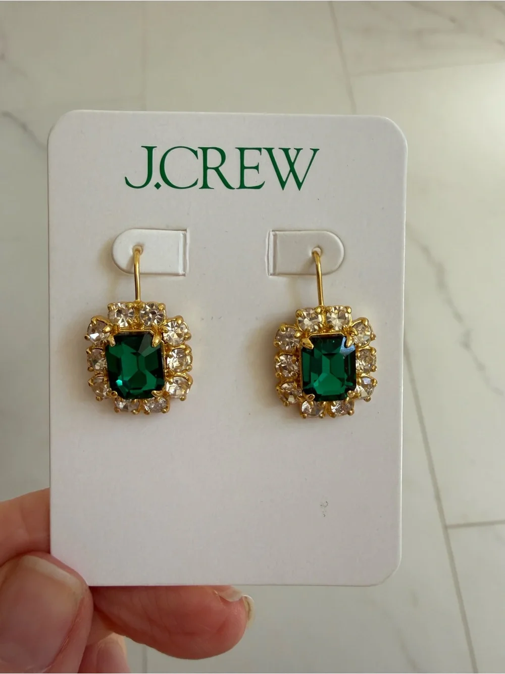 J. Crew Gold-Tone Earrings with Emerald Green and Clear Crystal Halo - Picture 5 of 5